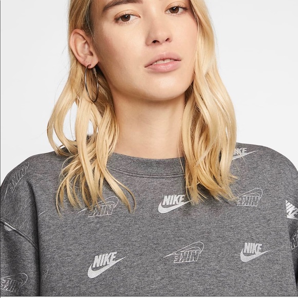Nike Women’s Sportswear Shine Metallic Print Sweatshirt Gray Silver Loose Fit - Picture 2 of 6